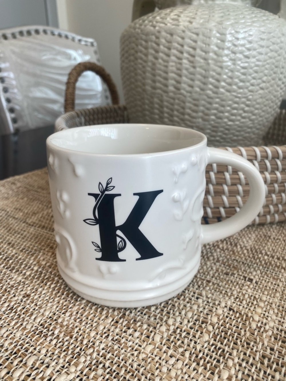 White Ceramic Monogram Mug with Black 'K' Accent